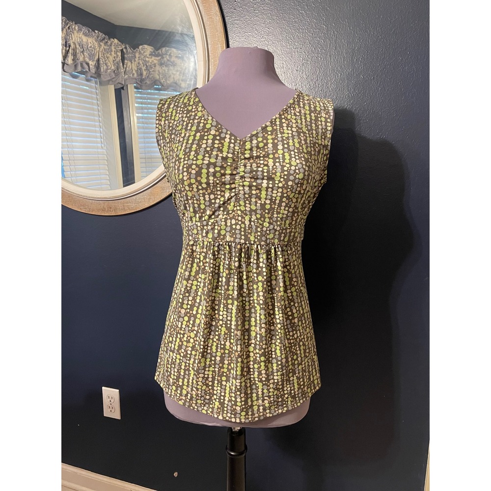 Women's Sleeveless‎ V Neck Tunic Top Size L Brown Green Dot Print Tie Waist